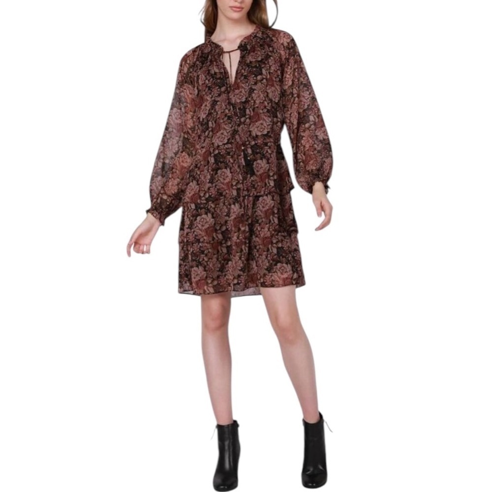 Black Tape_ Floral Long Sleeve Tiered V Neck Tie Dress Size XS NWT